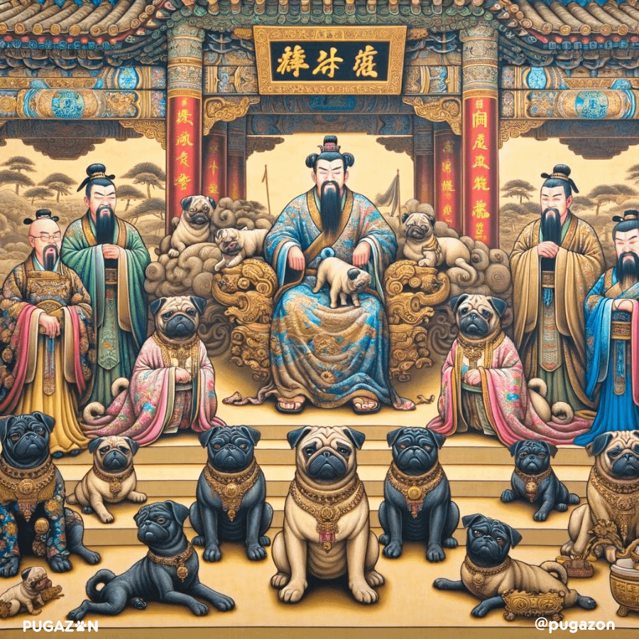 pugs in the courtyard with emperors in ancient china
